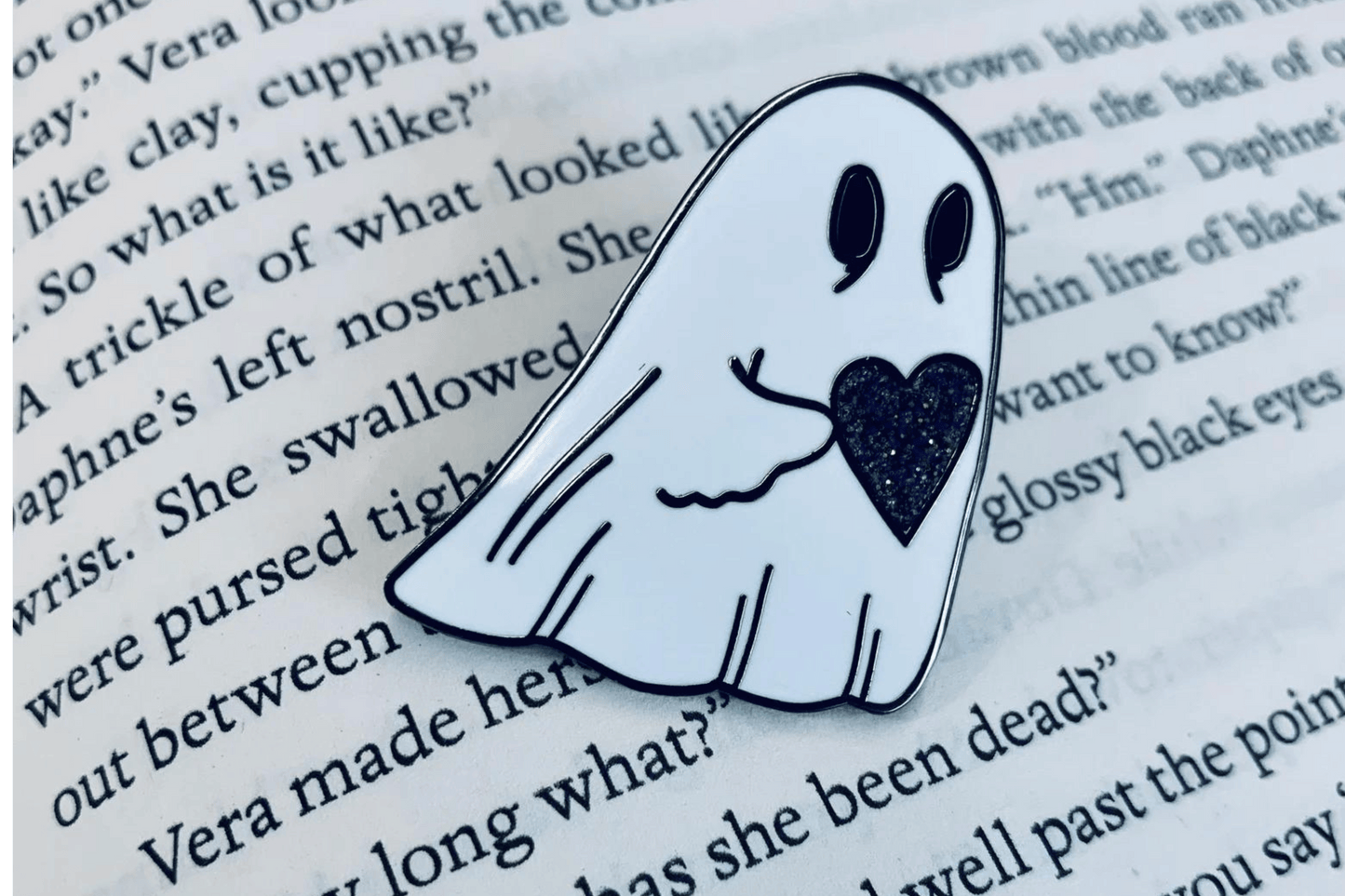 Ghost Hard Enamel Pin With Black Glitter Heart -ihadotherplans