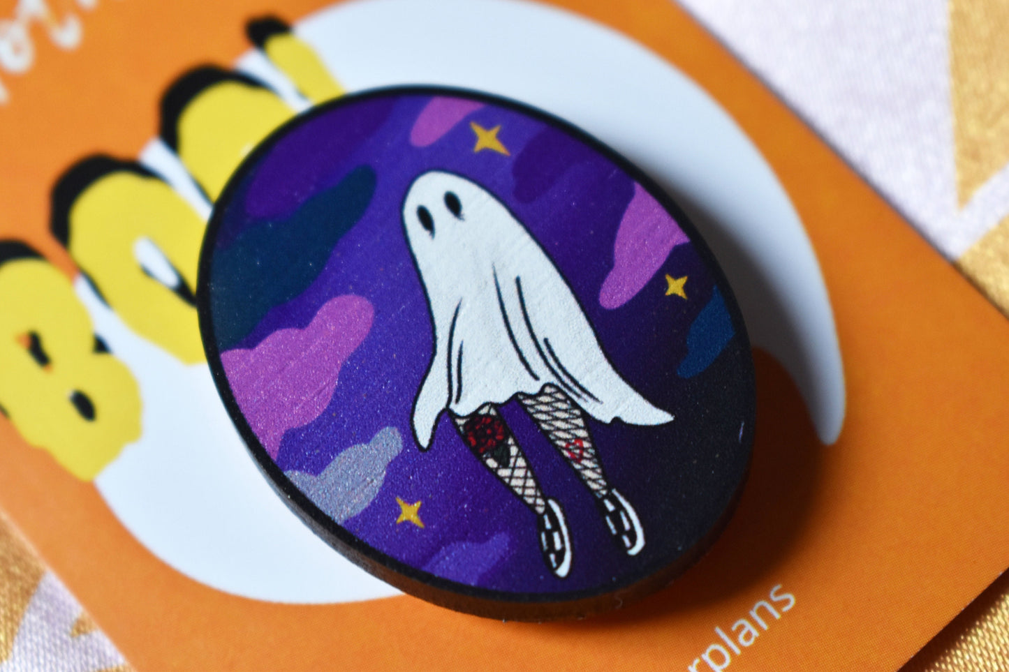 Ghost and Clouds Oval Wooden Pin - ihadotherplans
