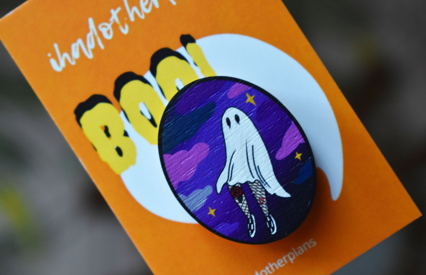 Ghost and Clouds Oval Wooden Pin - ihadotherplans
