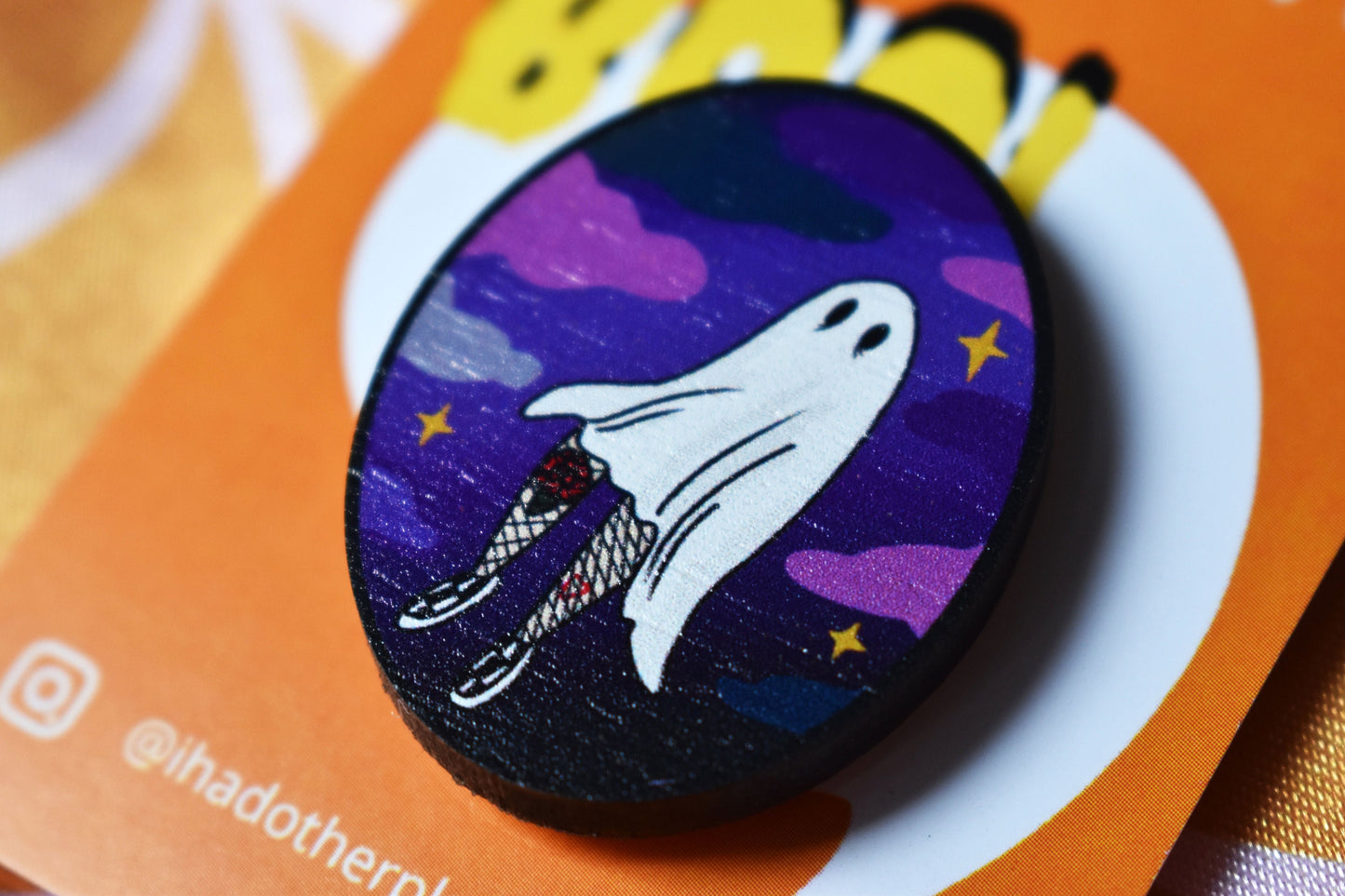 Ghost and Clouds Oval Wooden Pin - ihadotherplans