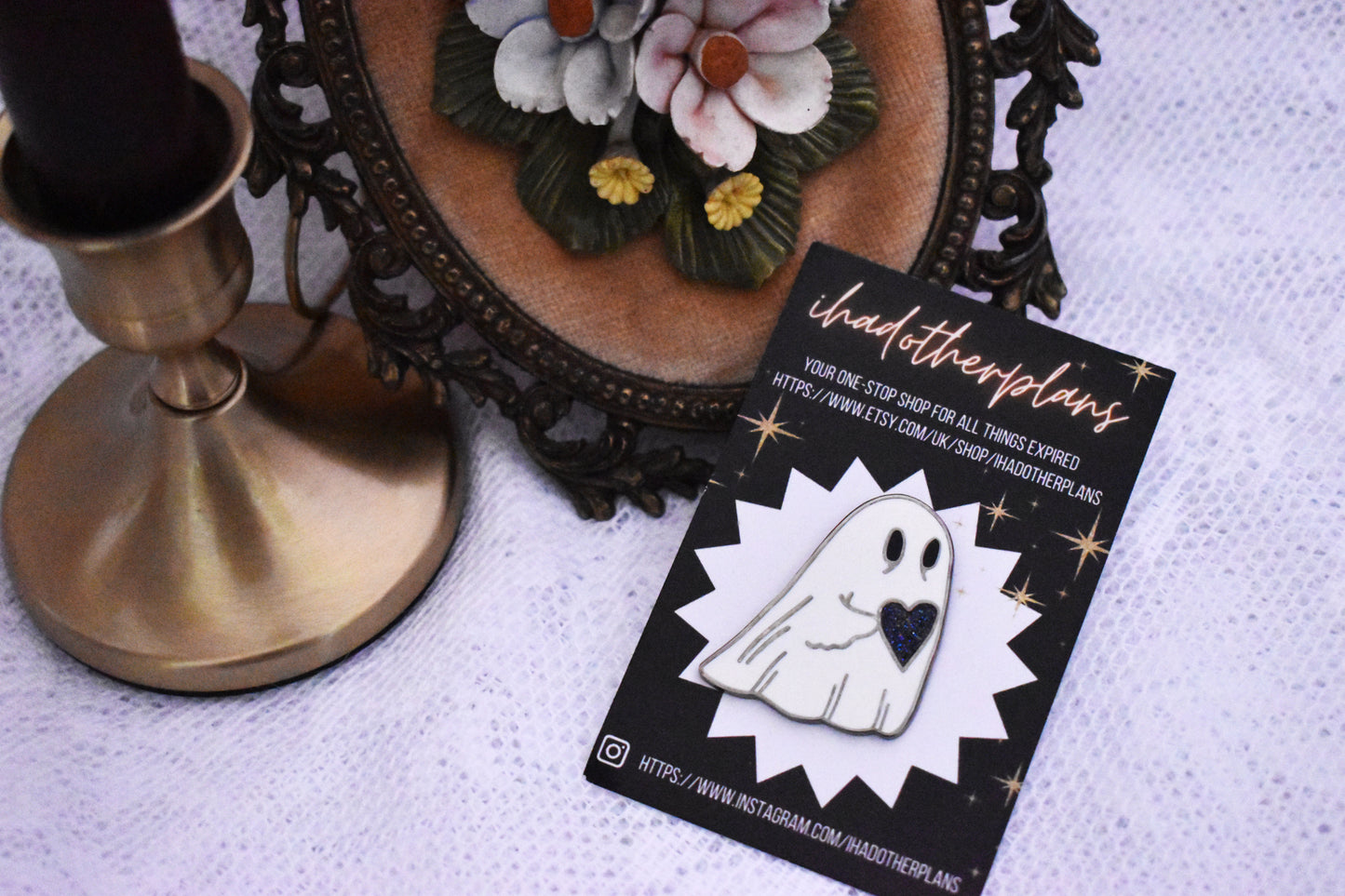 Ghost Hard Enamel Pin With Black Glitter Heart -ihadotherplans