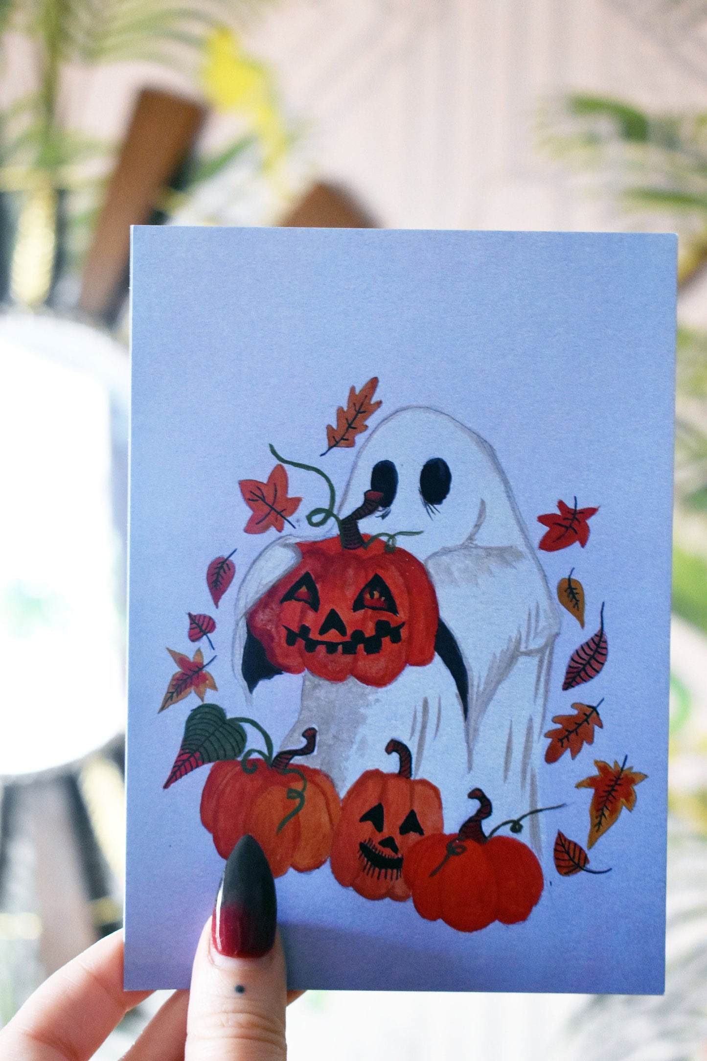 Ghost Holding Pumpkin Pale Blue, Heavyweight Art Print, A6 “This Is My Pumpkin, I Grew It Myself” -ihadotherplans