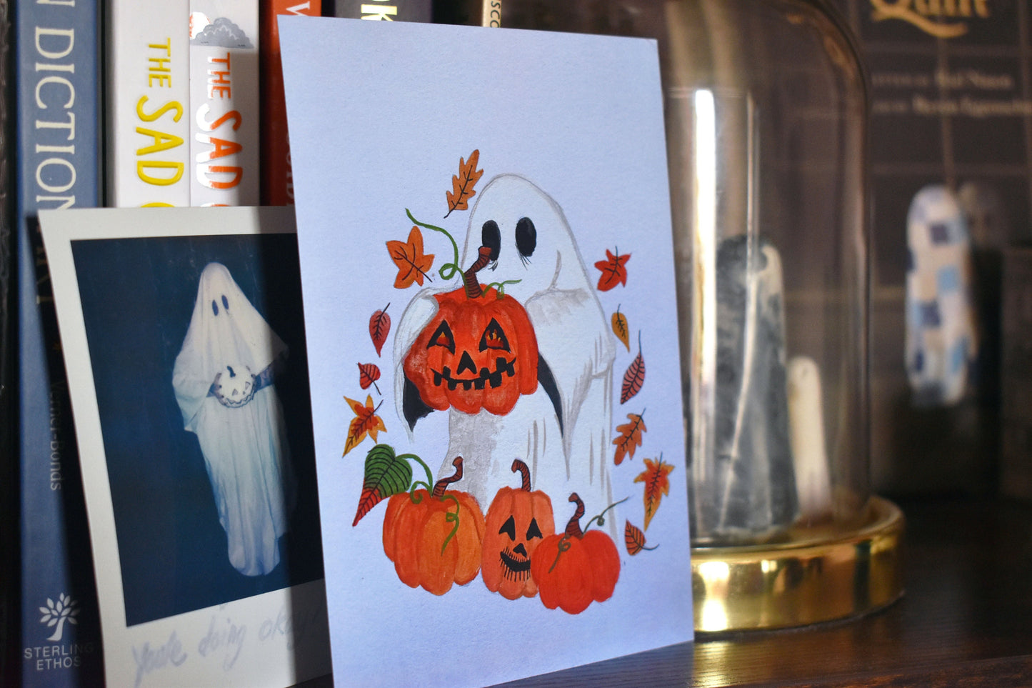 Ghost Holding Pumpkin Pale Blue, Heavyweight Art Print, A6 “This Is My Pumpkin, I Grew It Myself” -ihadotherplans
