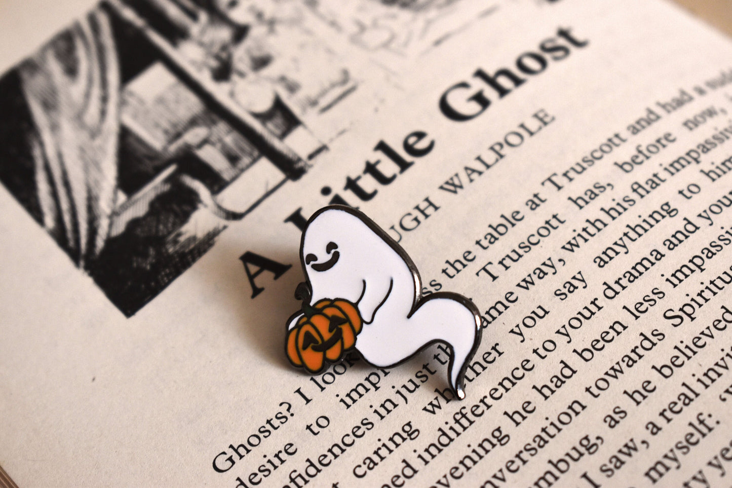Ghost with Pumpkin (Happy Weirdos) Hard Enamel Pin, Ltd Ed - White -ihadotherplans
