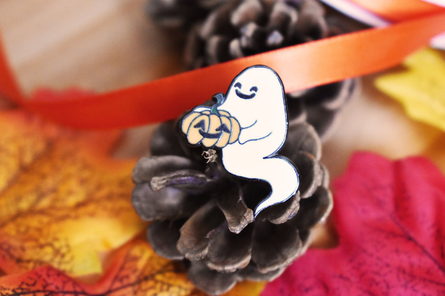 Ghost with Pumpkin (Happy Weirdos) Hard Enamel Pin, Ltd Ed - White -ihadotherplans