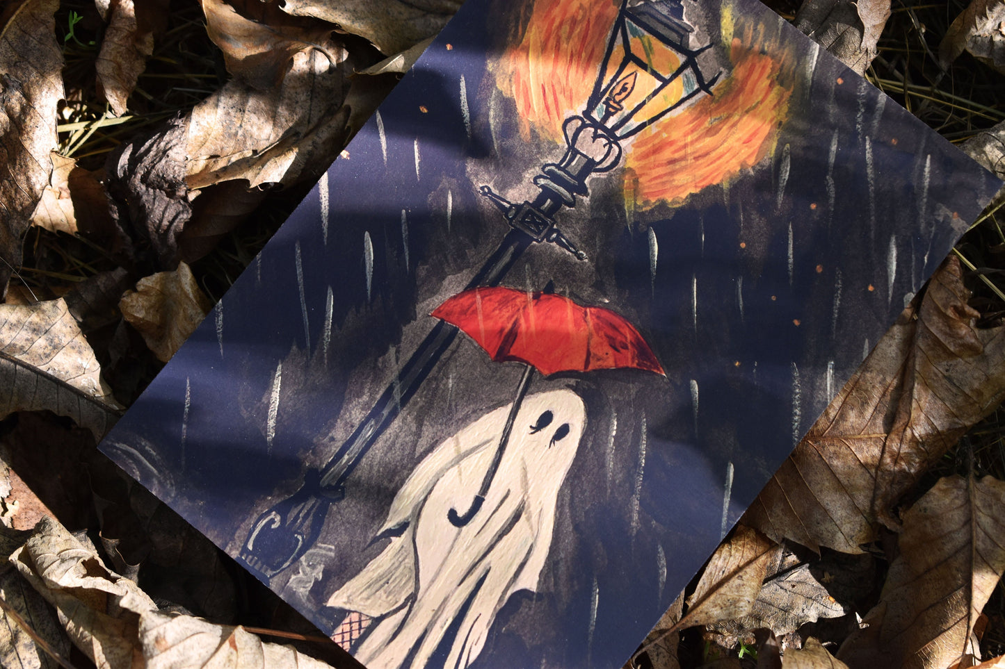 Ghost in The Rain Heavyweight Art Print, A5 “Underneath The Street Lights” -ihadotherplans