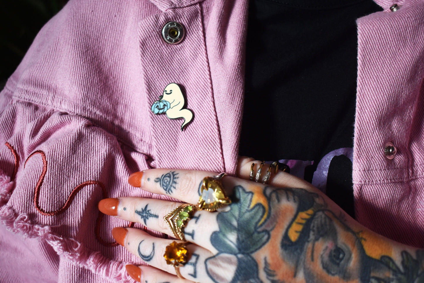 Pastel Ghost with Pumpkin (Happy Weirdos) Hard Enamel Pin, Ltd Ed - Peach -ihadotherplans