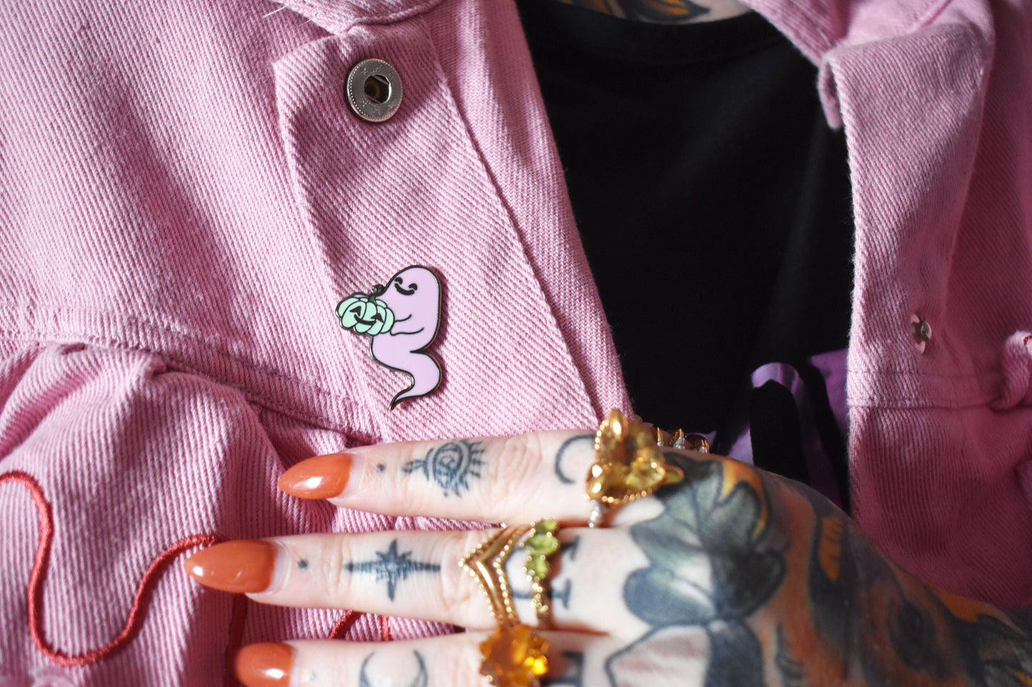 Pastel Ghost with Pumpkin (Happy Weirdos) Hard Enamel Pin, Ltd Ed - Pink -ihadotherplans