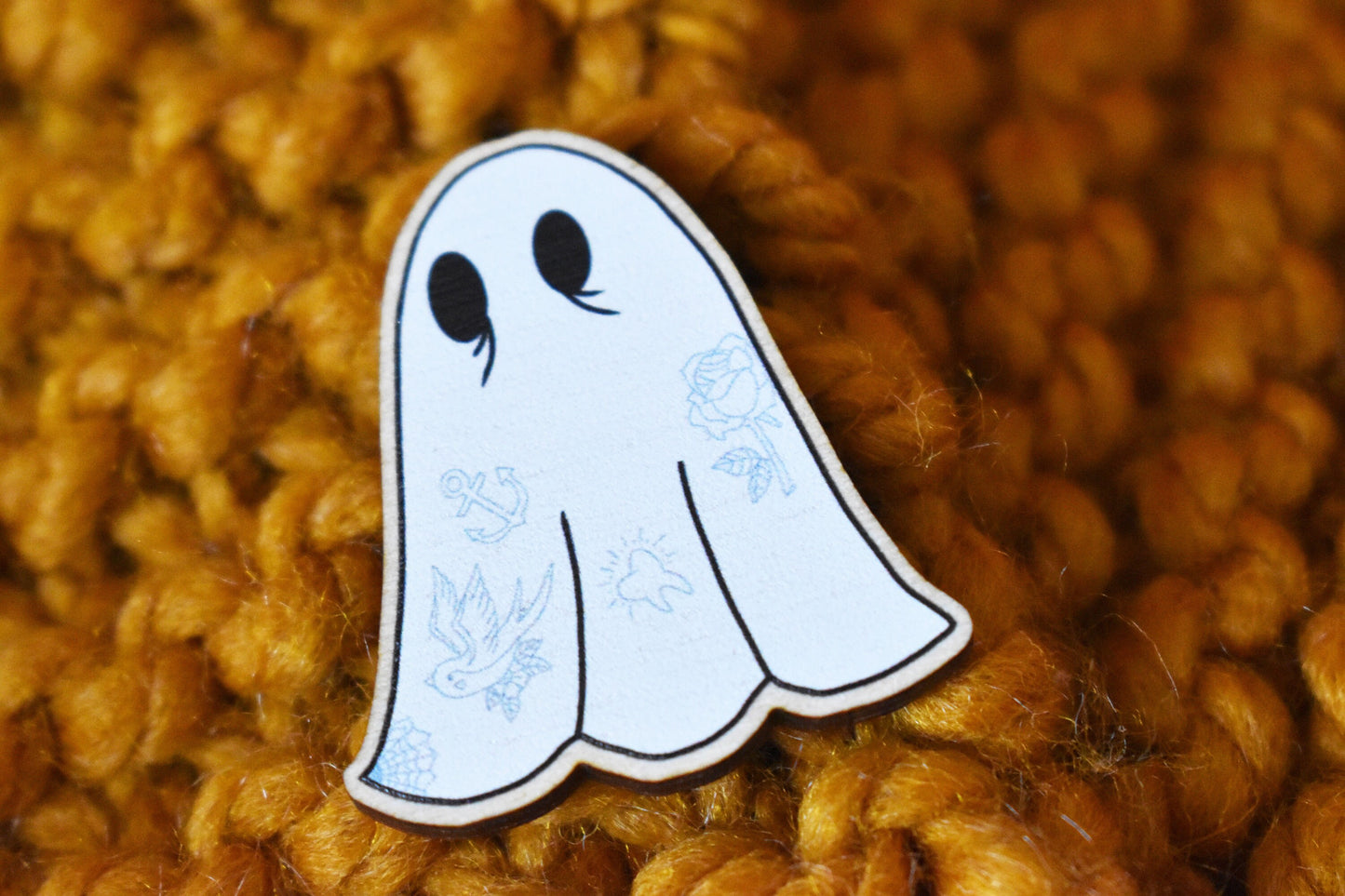 Tattooed Sheet Ghost Wooden Pin - ihadotherplans
