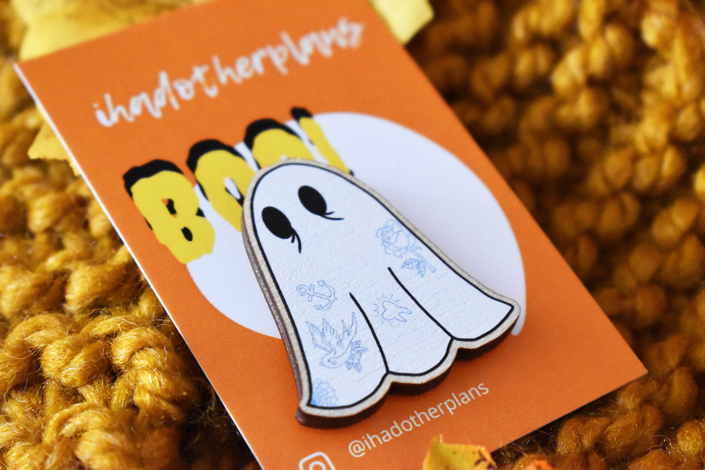 Tattooed Sheet Ghost Wooden Pin - ihadotherplans