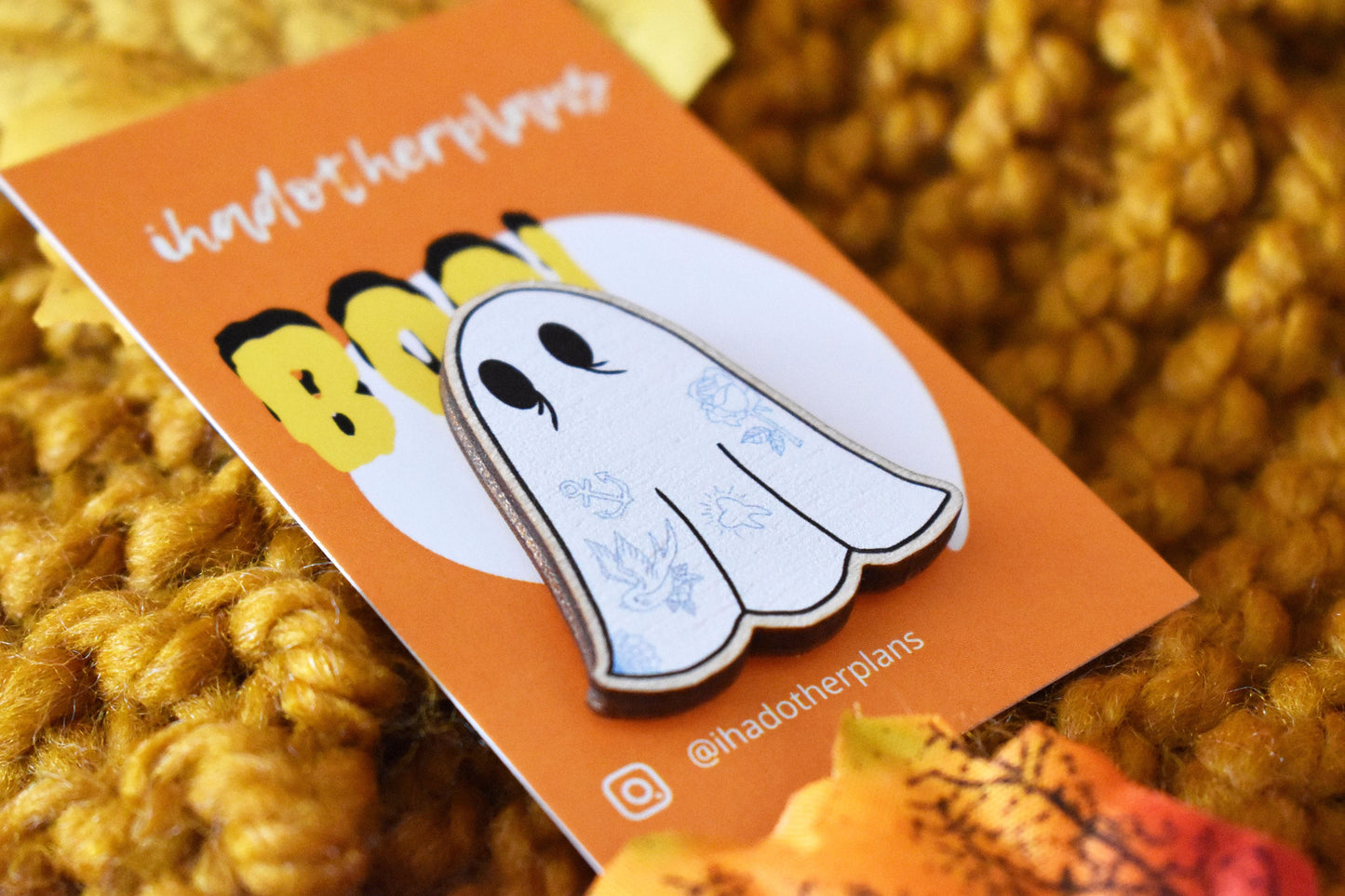 Tattooed Sheet Ghost Wooden Pin - ihadotherplans