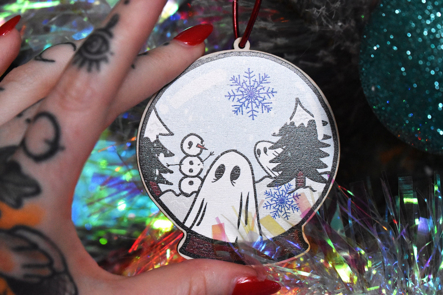 Ghost Snow Globe Wooden Tree Hanging Ornament - ihadotherplans