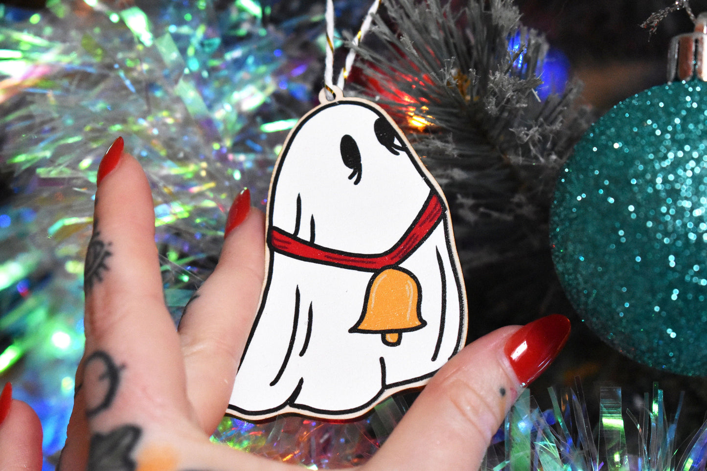 Ghost with Bell Wooden Christmas Tree Hanging Ornament - ihadotherplans