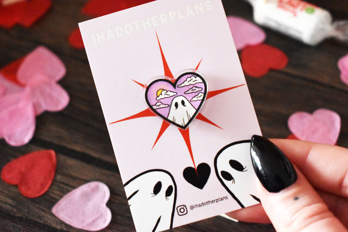 Valloween/Valentines Ghost Heart Acrylic Pin Badge (Day) - ihadotherplans