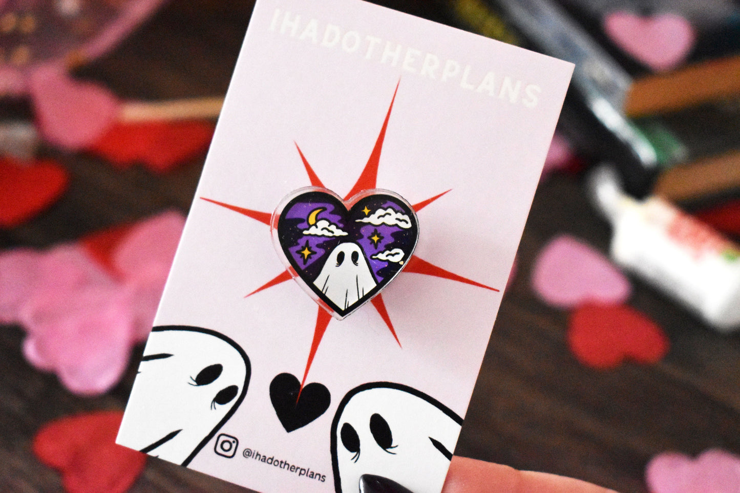 Valloween/Valentines Ghost Heart Acrylic Pin Badge (Night) - ihadotherplans