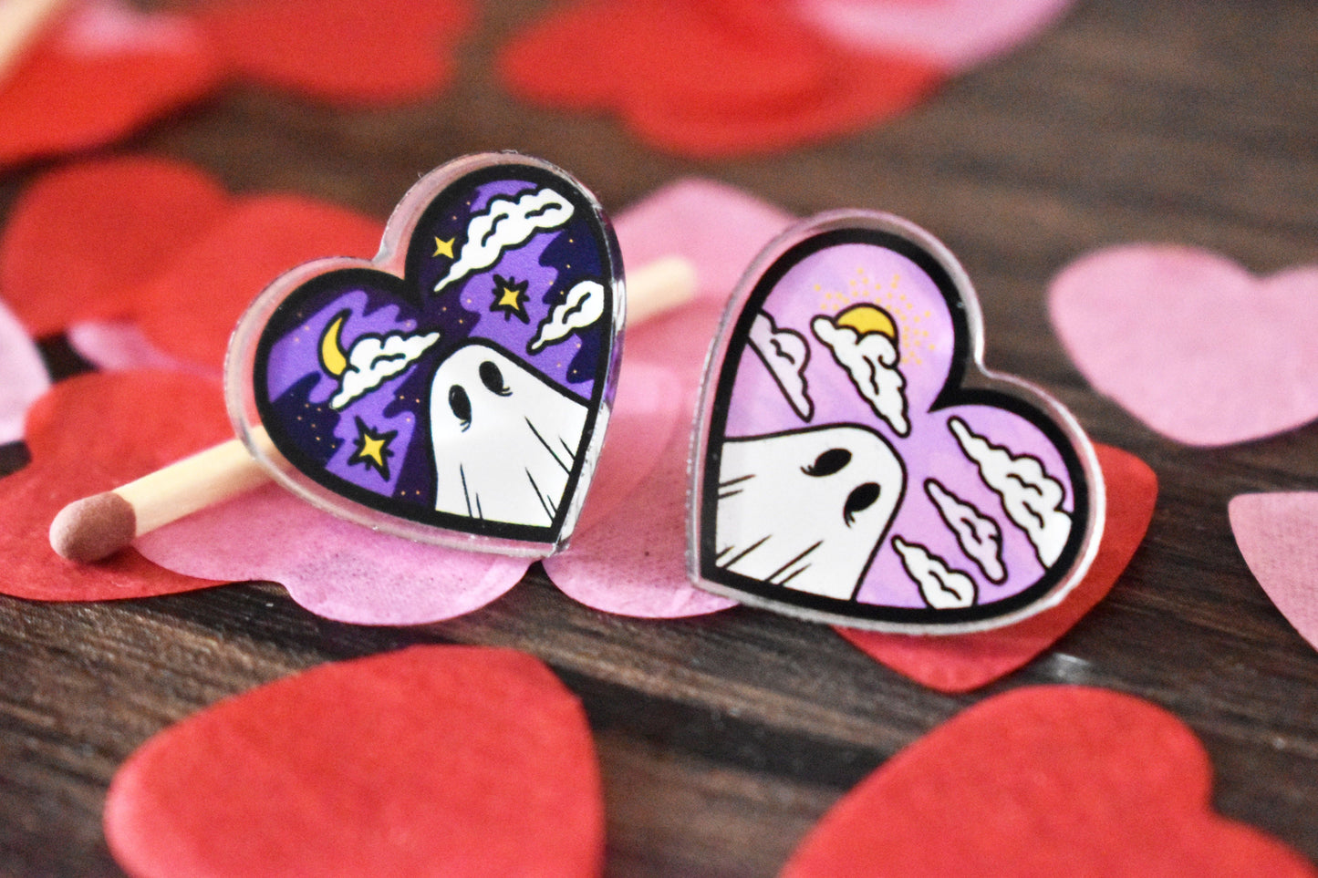 Valloween/Valentines Ghost Heart Acrylic Pin Badge (Night) - ihadotherplans