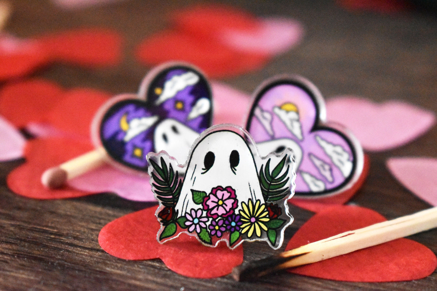Valloween/Valentines Ghost and Flowers Acrylic Pin Badge - ihadotherplans