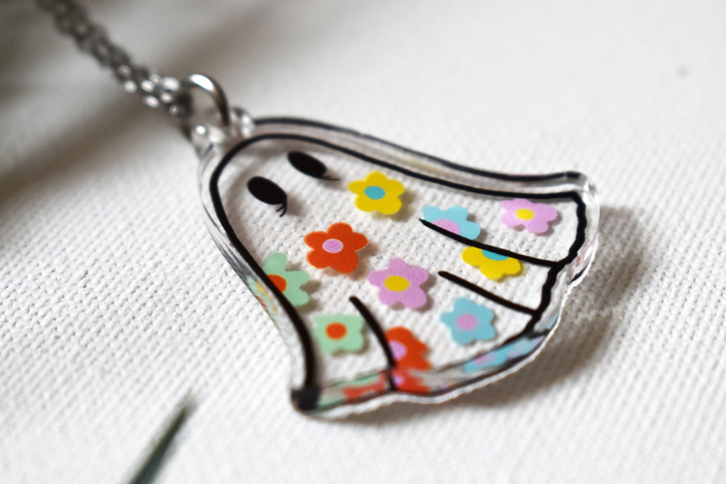 Clear Acrylic Flower Sheet Ghost Necklace, 19.5 Inch Stainless Steel Chain - ihadotherplans