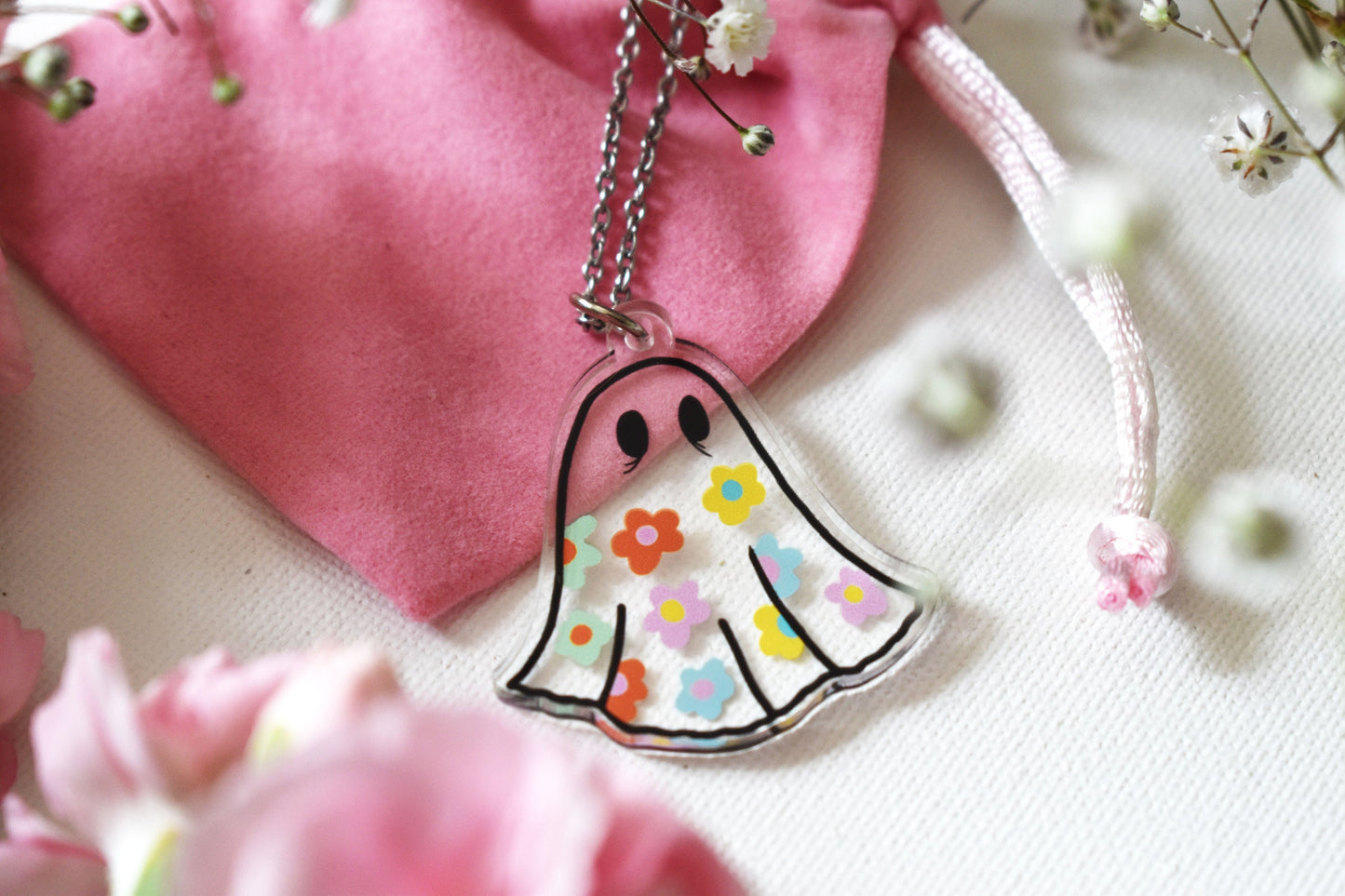 Clear Acrylic Flower Sheet Ghost Necklace, 19.5 Inch Stainless Steel Chain - ihadotherplans