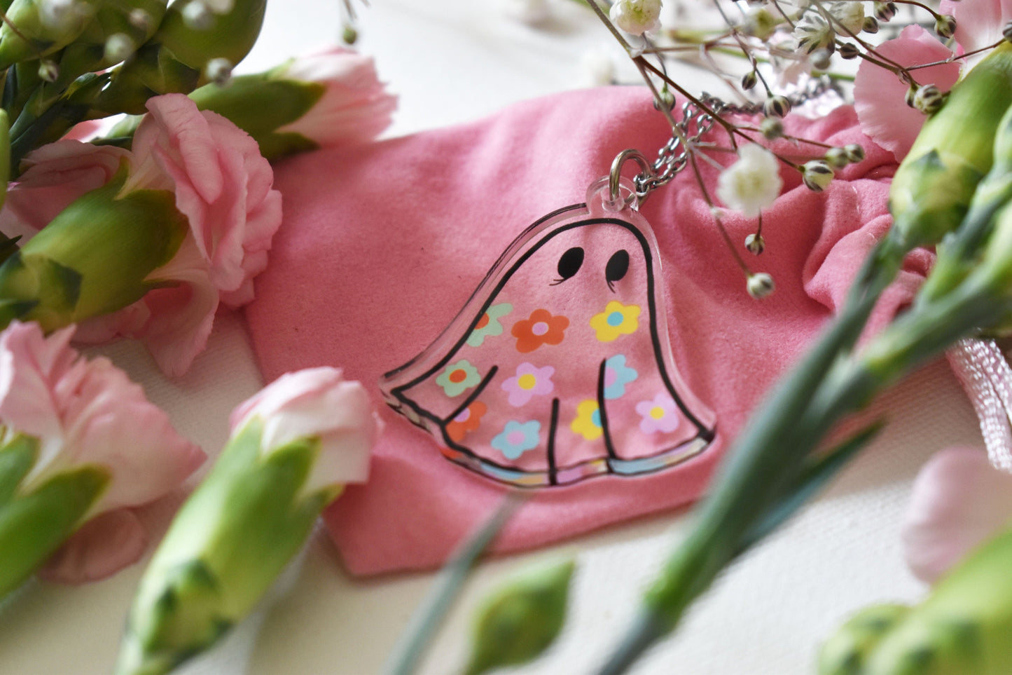 Clear Acrylic Flower Sheet Ghost Necklace, 19.5 Inch Stainless Steel Chain - ihadotherplans