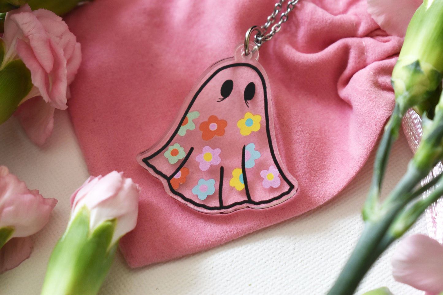 Clear Acrylic Flower Sheet Ghost Necklace, 19.5 Inch Stainless Steel Chain - ihadotherplans