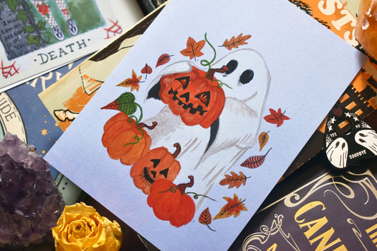 Ghost Holding Pumpkin Pale Blue, Heavyweight Art Print, A6 “This Is My Pumpkin, I Grew It Myself” -ihadotherplans