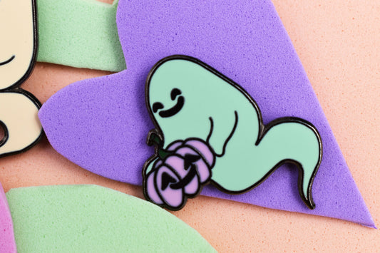 Pastel Ghost with Pumpkin (Happy Weirdos) Hard Enamel Pin, Ltd Ed - Mint Green -ihadotherplans