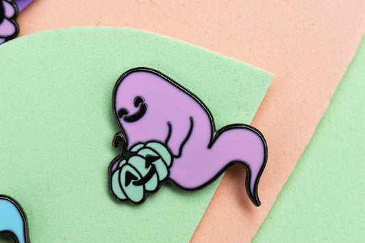 Pastel Ghost with Pumpkin (Happy Weirdos) Hard Enamel Pin, Ltd Ed - Pink -ihadotherplans