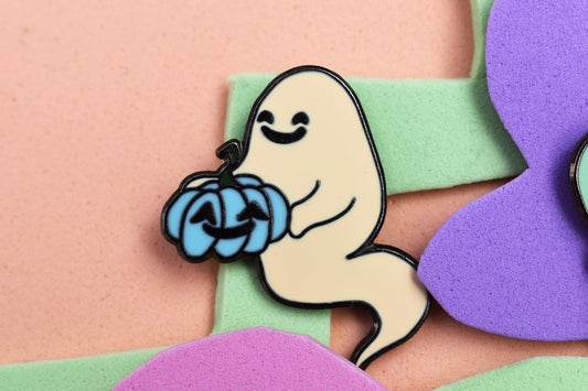 Pastel Ghost with Pumpkin (Happy Weirdos) Hard Enamel Pin, Ltd Ed - Peach -ihadotherplans