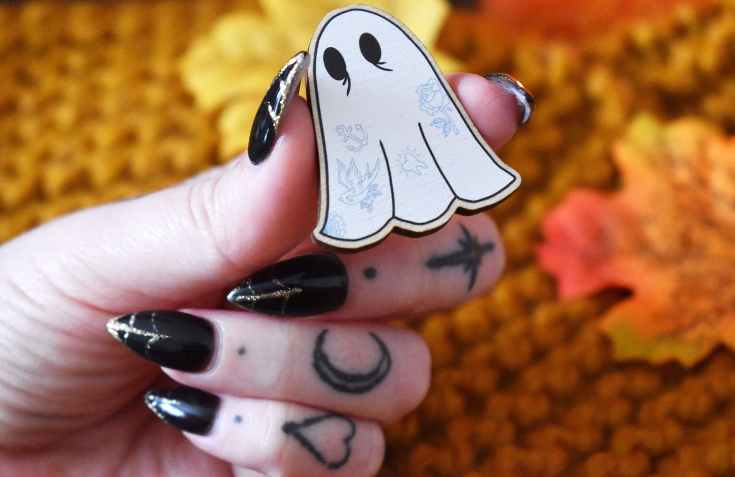 Tattooed Sheet Ghost Wooden Pin - ihadotherplans