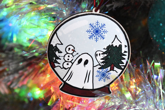 Ghost Snow Globe Wooden Tree Hanging Ornament - ihadotherplans