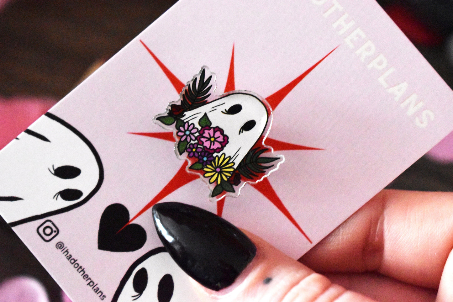 Valloween/Valentines Ghost and Flowers Acrylic Pin Badge - ihadotherplans