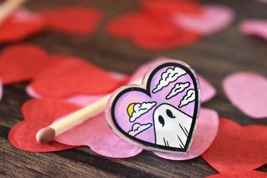 Valloween/Valentines Ghost Heart Acrylic Pin Badge (Day) - ihadotherplans