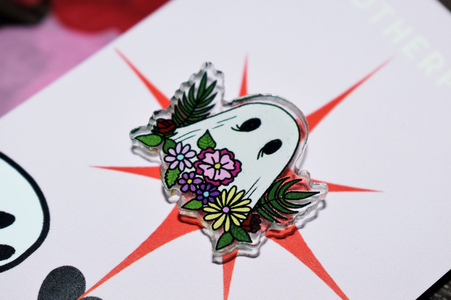 Valloween/Valentines Ghost and Flowers Acrylic Pin Badge - ihadotherplans