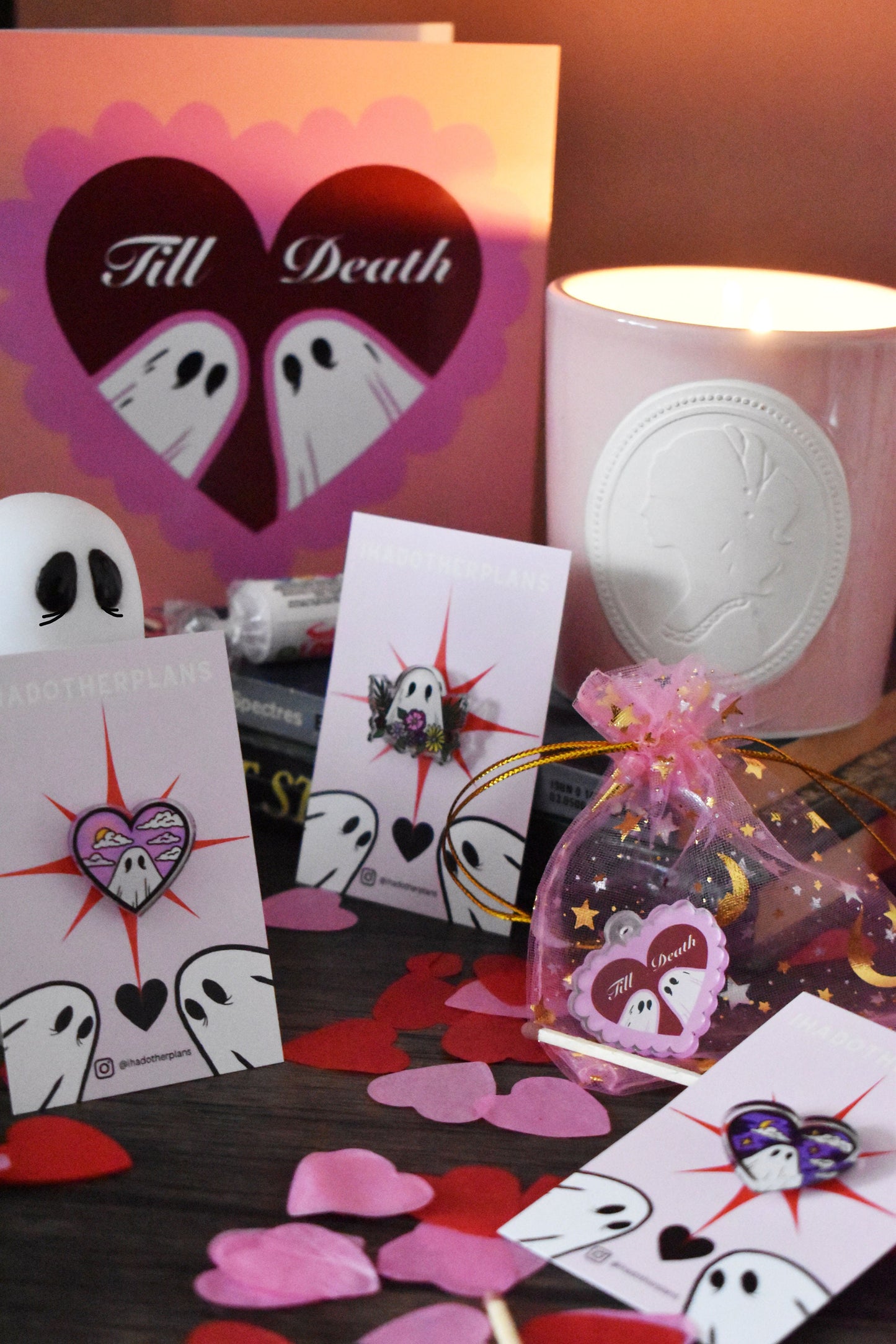 Valloween/Valentines Ghost and Flowers Acrylic Pin Badge - ihadotherplans