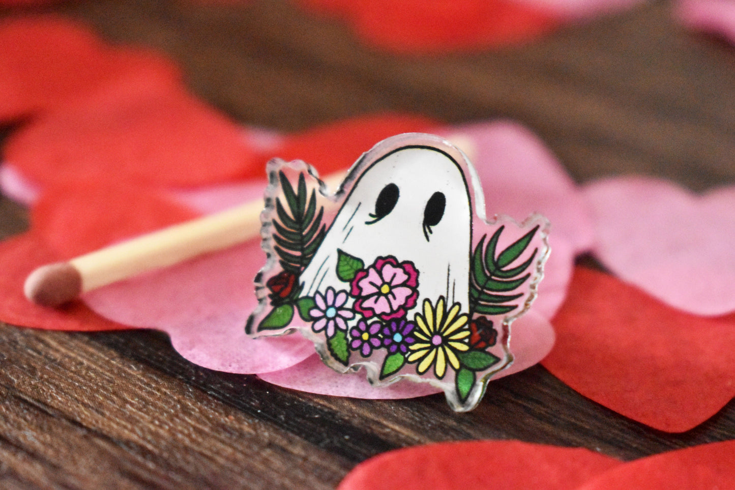 Valloween/Valentines Ghost and Flowers Acrylic Pin Badge - ihadotherplans