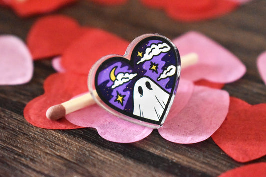Valloween/Valentines Ghost Heart Acrylic Pin Badge (Night) - ihadotherplans