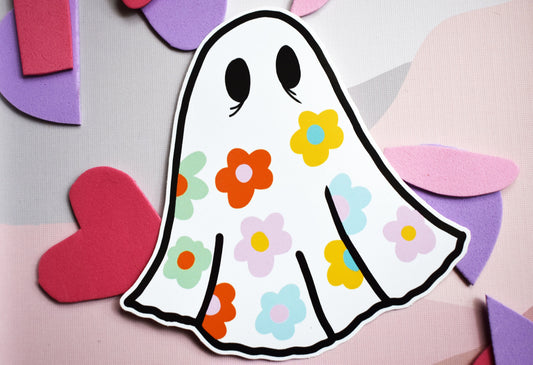 Retro Flower Sheet Ghost Die-Cut Glossy Sticker, 10 x 10cm -ihadotherplans