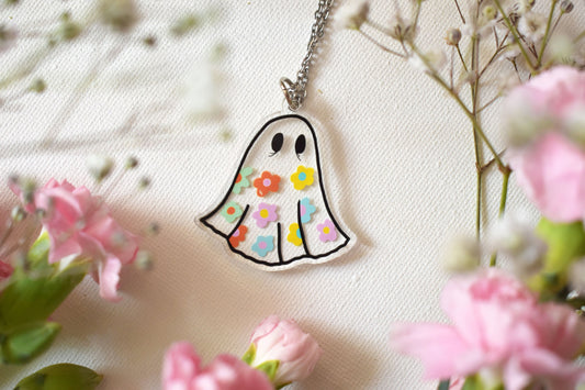 Clear Acrylic Flower Sheet Ghost Necklace, 19.5 Inch Stainless Steel Chain - ihadotherplans