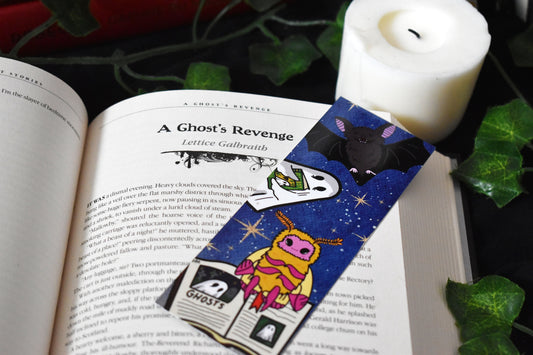 Sheet Ghost, Moth, Bat & Books Bookmark, Blue -ihadotherplans