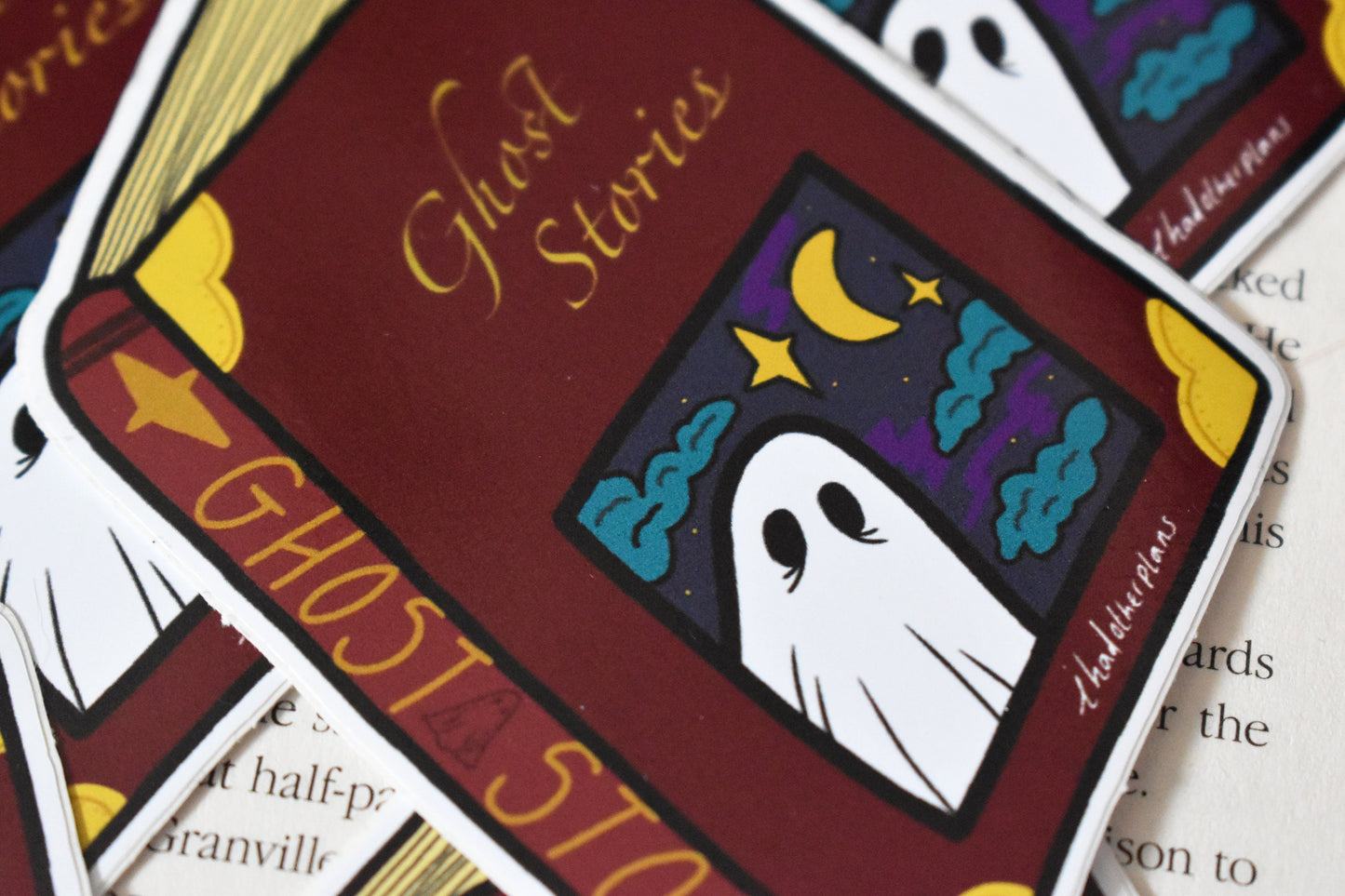 Ghost Stories Book Die-Cut Glossy Sticker, 10 x 10cm, Burgundy -ihadotherplans